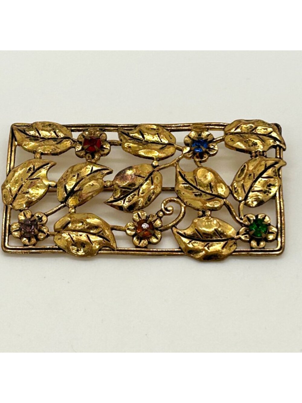 Vintage Art Nouveau Gold-Tone Floral Leaf & Rhinestone Brooch Pin Rectangle